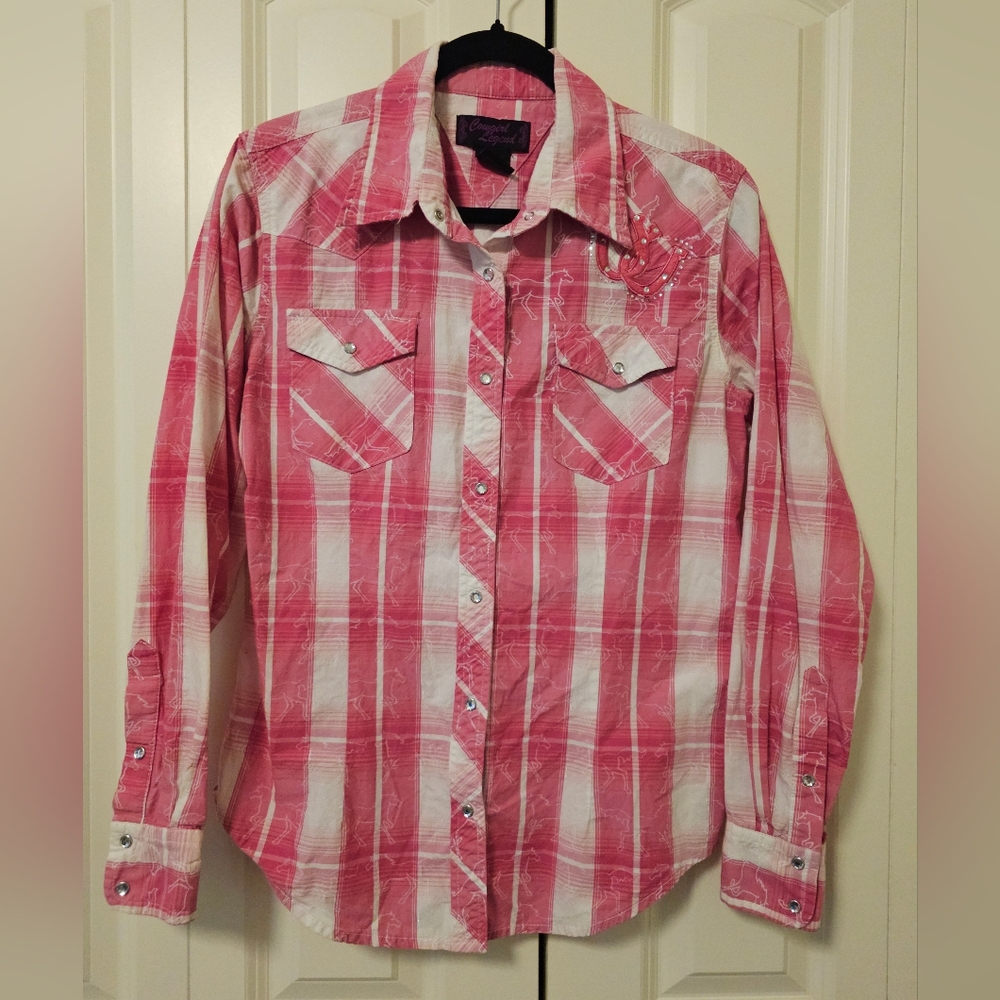 Cowgirl Legend Women's Pink Plaid Snap Western Rodeo Long Sleeve Shirt SZ M
